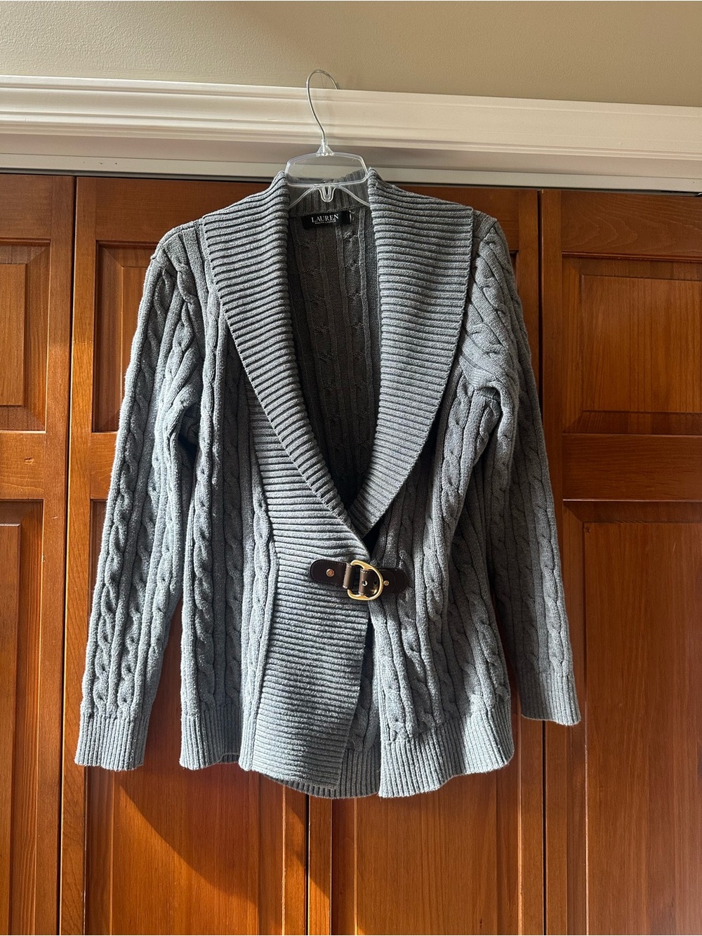 Lauren Ralph Lauren Light Gray Cable Knit Shawl Collar Cardigan with Buckle